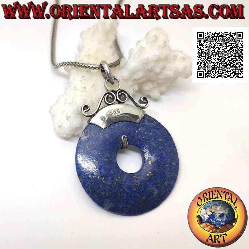 Lapislazuli-Anhänger, 35 mm Donut-Form. mit Haken in Silber-Flachrelief verziert