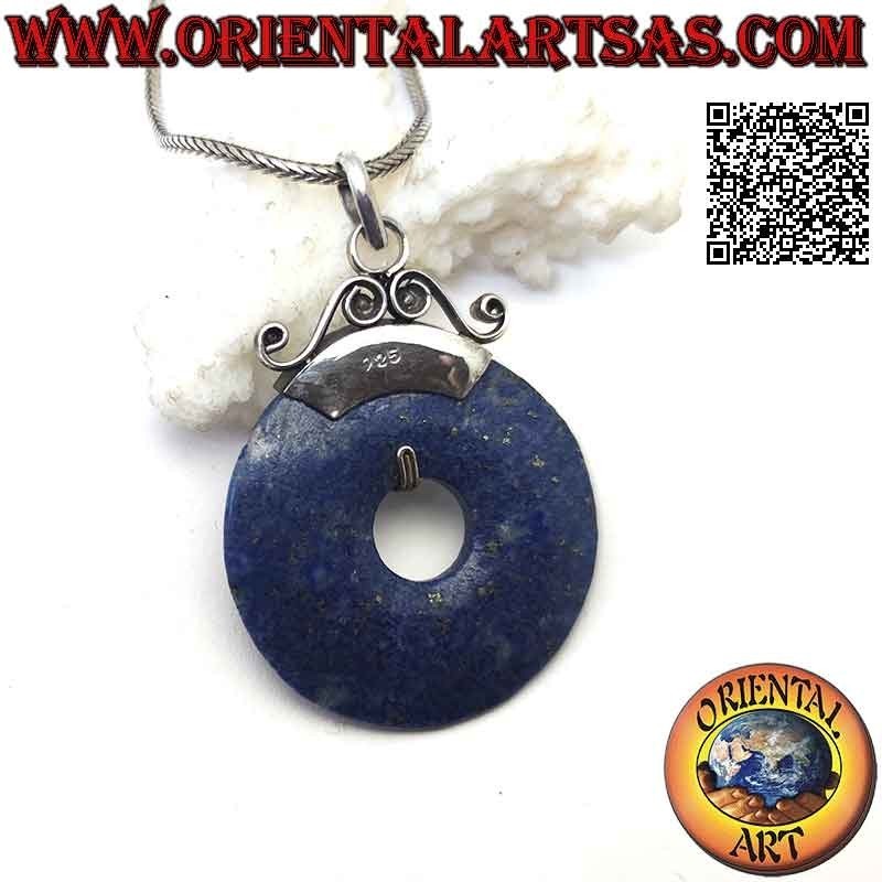 Lapis lazuli pendant, 35 mm donut shape. with hook decorated in silver bas-relief