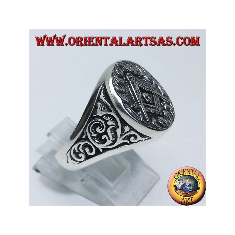 Bague en argent, boussole équipe symbole Mason et le crâne