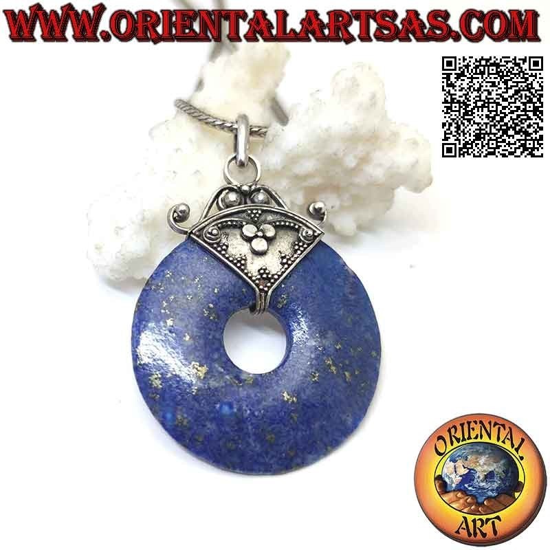 Lapis lazuli pendant, 35 mm donut shape. with hook decorated in silver bas-relief