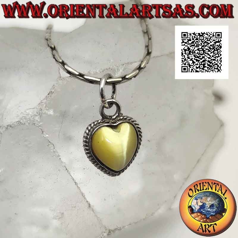 Silver pendant with yellow cimòfane (cat's eye) with heart surrounded by interweaving