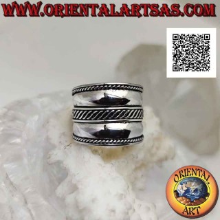 Bague en argent à large bande avec double ligne avec vague centrale entrelacée, Bali