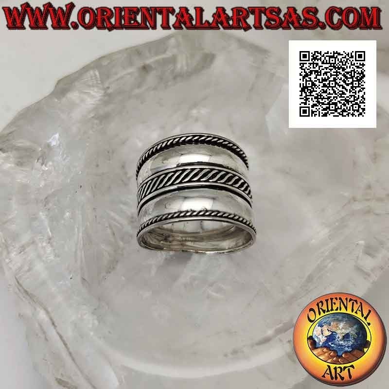 Anillo de plata de banda ancha con doble línea con onda central entrelazada, Bali