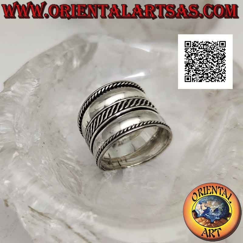 Anello in argento a fascia larga con doppia linea a onda intrecciata centrale, Bali