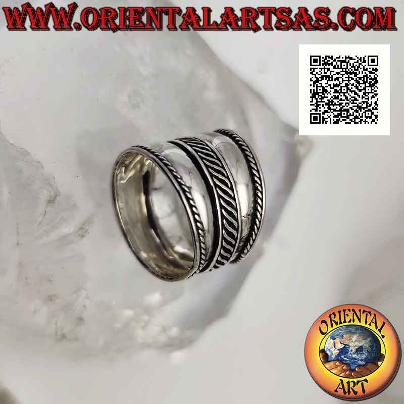 Bague en argent à large bande avec double ligne avec vague centrale entrelacée, Bali