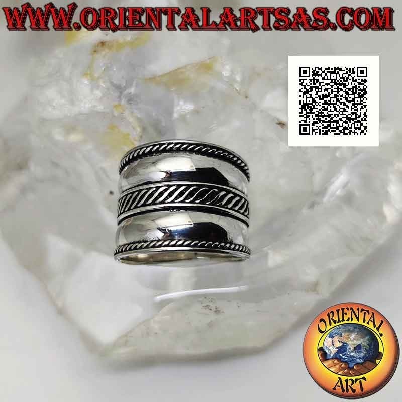 Anillo de plata de banda ancha con doble línea con onda central entrelazada, Bali