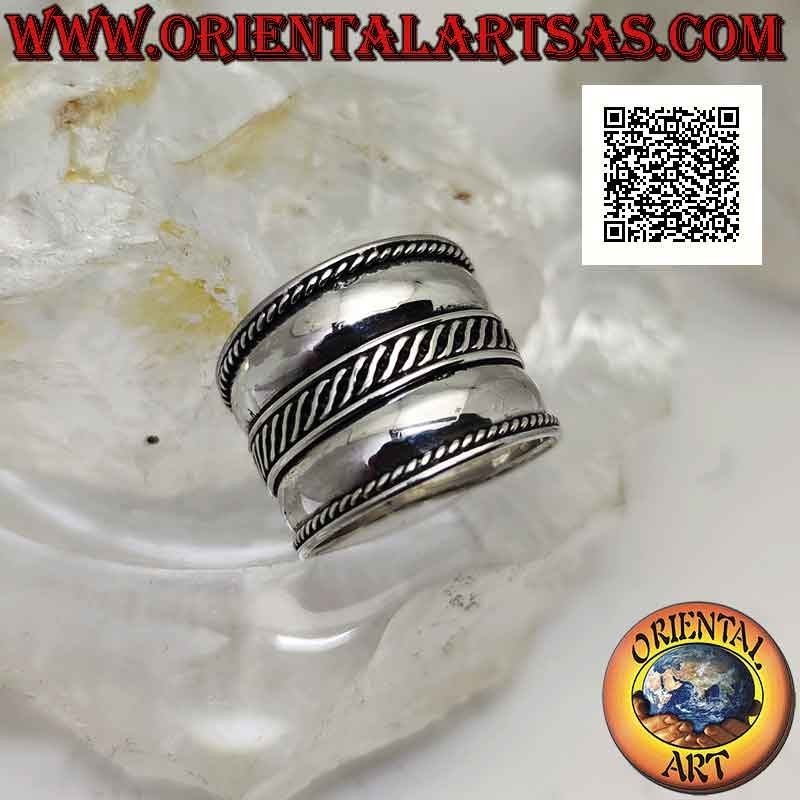 Wide band silver ring with double line with central interwoven wave, Bali