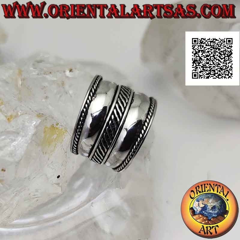 Bague en argent à large bande avec double ligne avec vague centrale entrelacée, Bali