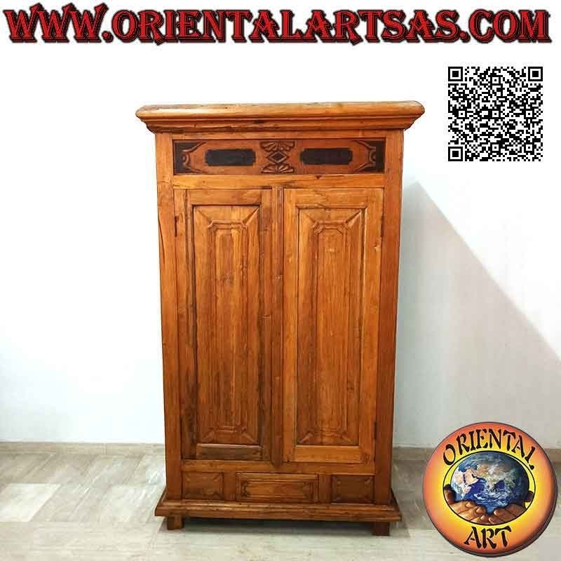 2-door wardrobe (3 shelves) with central drawer and top decoration in antique teak wood