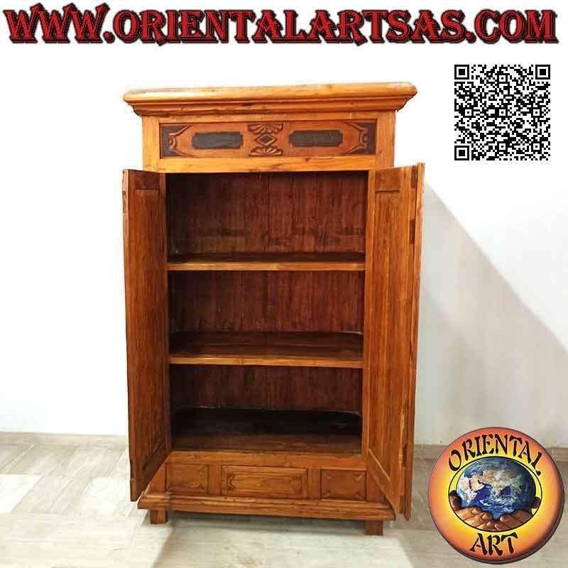 Armario 2 puertas (3 estantes) con cajón central y decoración superior en madera de teca envejecida