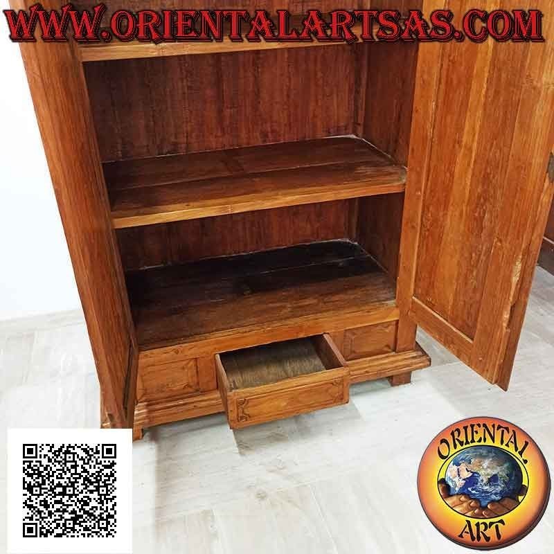 Armoire 2 portes (3 étagères) avec tiroir central et décor supérieur en bois de teck antique