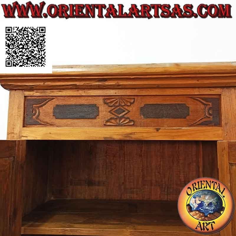 Armadio a 2 ante (3 ripiani) con cassetto centrale e decoro superiore in legno antico di teak