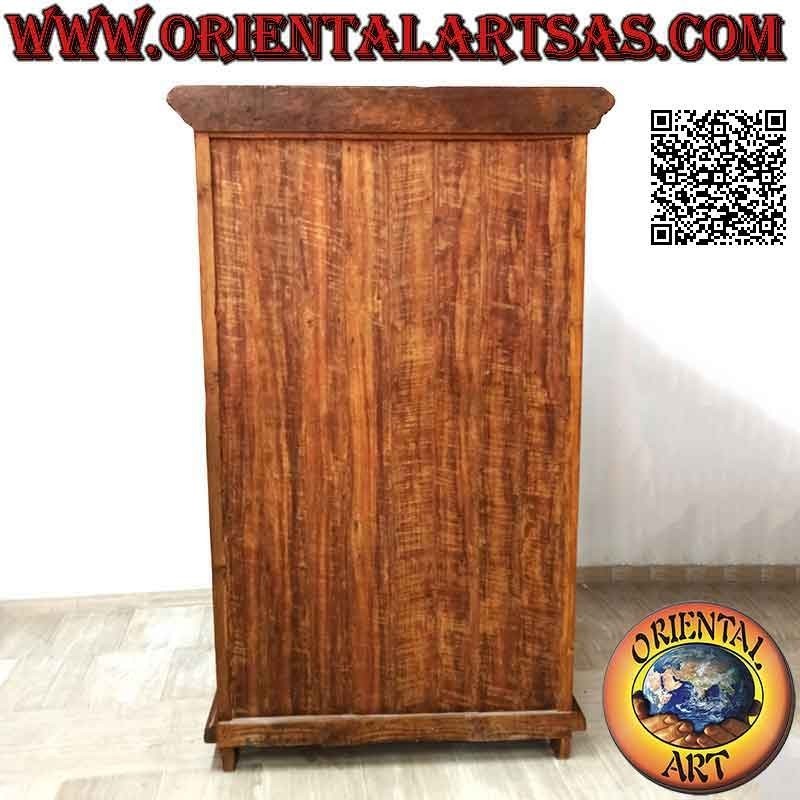 2-door wardrobe (3 shelves) with central drawer and top decoration in antique teak wood