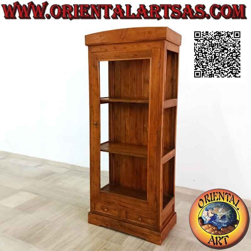 Vetrina alta a doppia anta con tre ripiani alti e due cassetti in legno di teak (rombo inciso sopra)