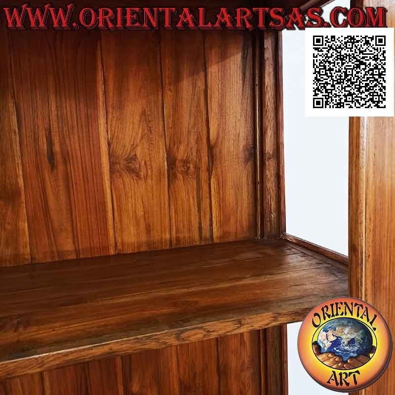 High double door display cabinet with three high shelves and two drawers in teak wood (rhombus engraved above)