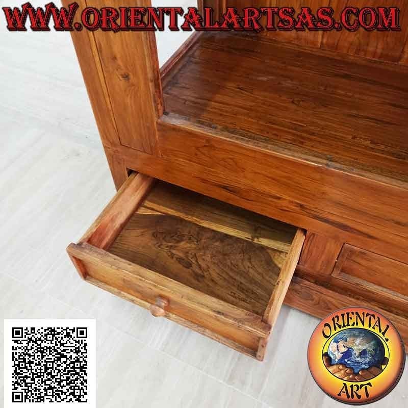 Vetrina alta a doppia anta con tre ripiani alti e due cassetti in legno di teak (rombo inciso sopra)
