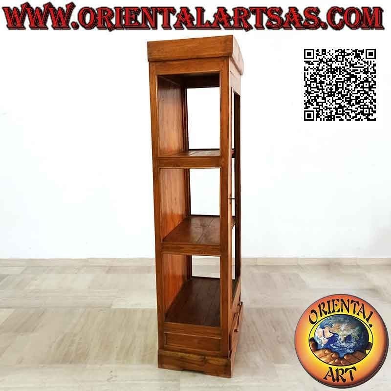 Vetrina alta a doppia anta con tre ripiani alti e due cassetti in legno di teak (rombo inciso sopra)