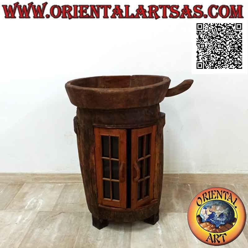 Round buffet with glass door in antique teak wood recycled from agricultural vehicles (from Burma)