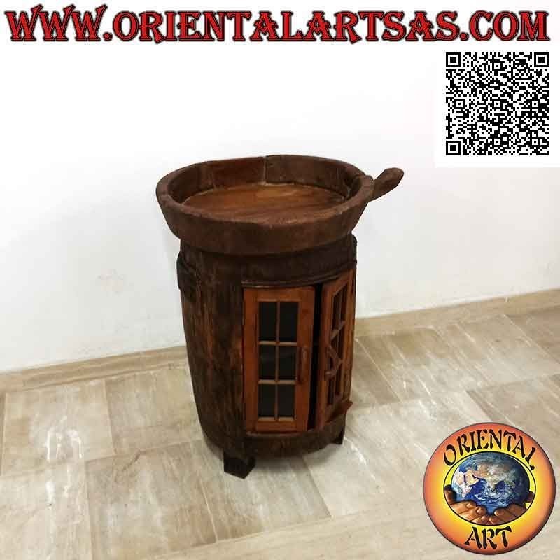 Buffet rond avec porte vitrée en bois de teck ancien recyclé de véhicules agricoles (de Birmanie)