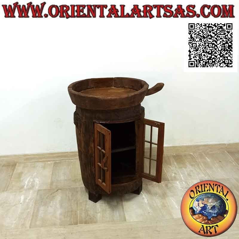 Buffet redondo con puerta de cristal en madera de teca antigua reciclada de vehículos agrícolas (de Birmania)