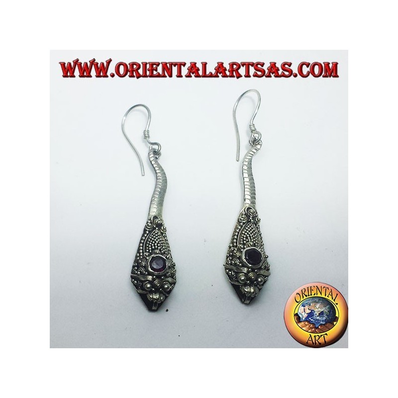 Silver earrings handmade cobra with garnet