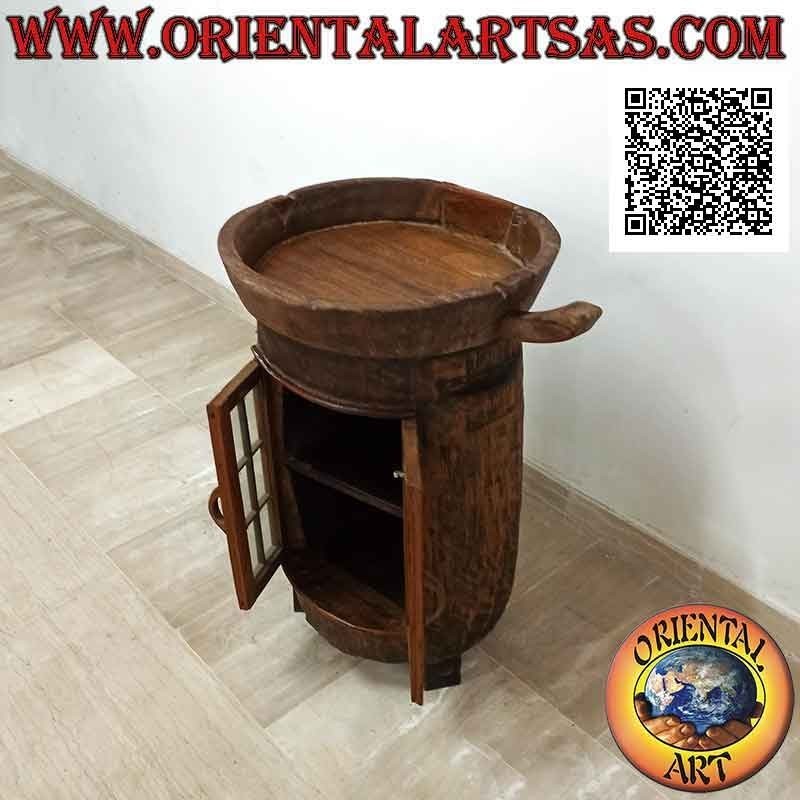 Round buffet with glass door in antique teak wood recycled from agricultural vehicles (from Burma)