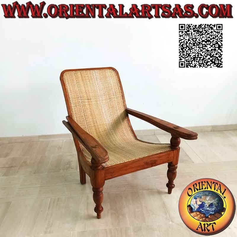 Antiker Sessel / Chaiselongue im Kolonialstil aus Teakholz und Wiener Stroh (dicht gewebt)