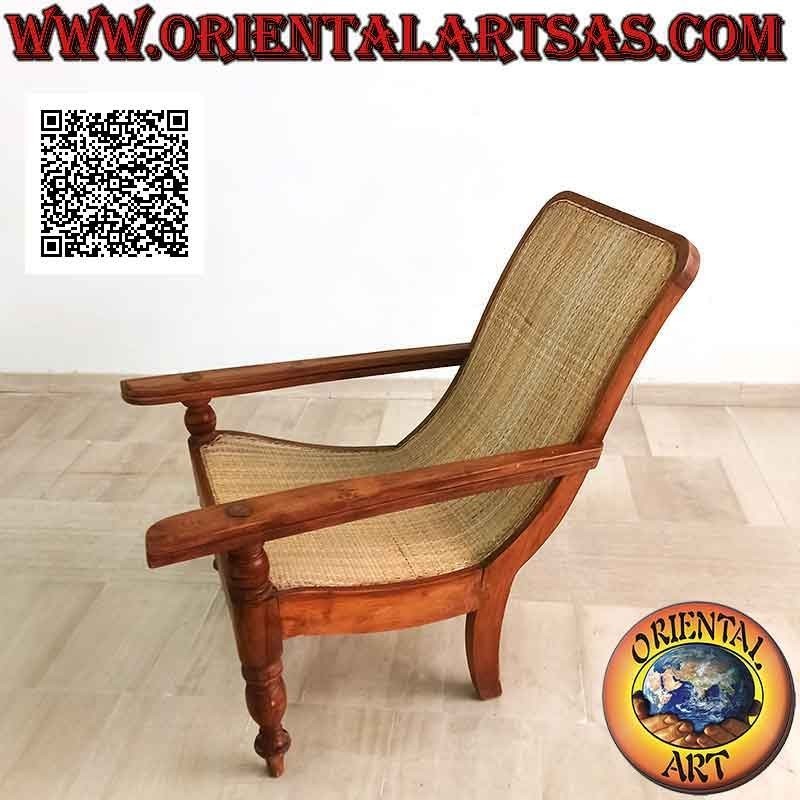 Antica Poltrona / Chaise Longue in stile coloniale in legno di teak e paglia di Vienna (intreccio fitto)