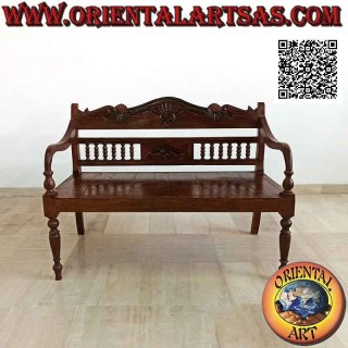 Two-seater bench with column back and hand-carved crown in antique teak wood