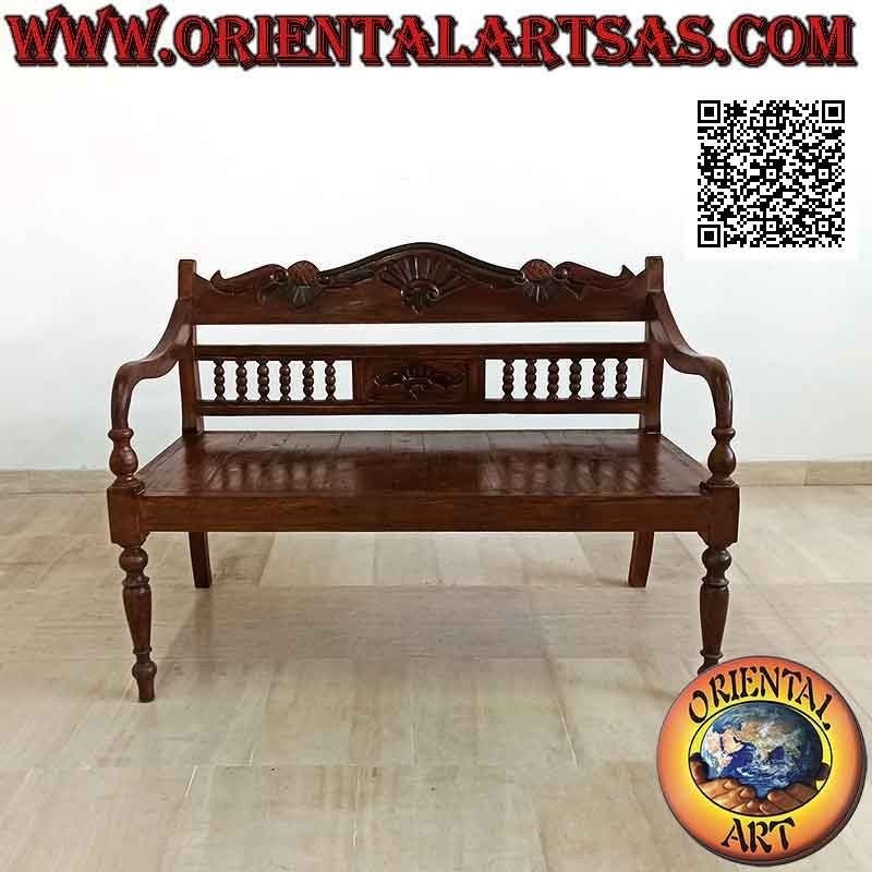 Two-seater bench with column back and hand-carved crown in antique teak wood