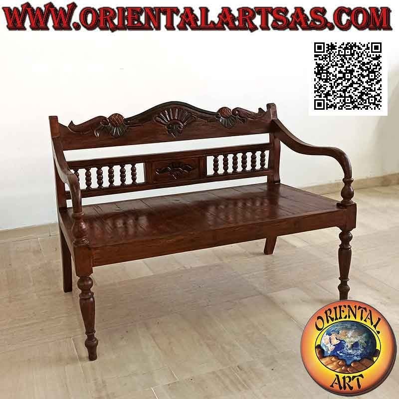 Two-seater bench with column back and hand-carved crown in antique teak wood