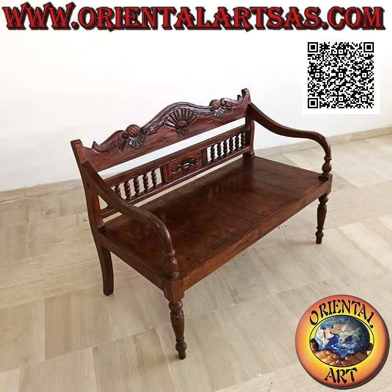Two-seater bench with column back and hand-carved crown in antique teak wood