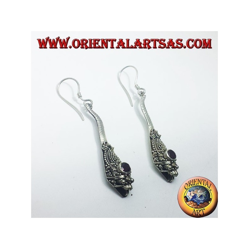 Silver earrings handmade cobra with garnet