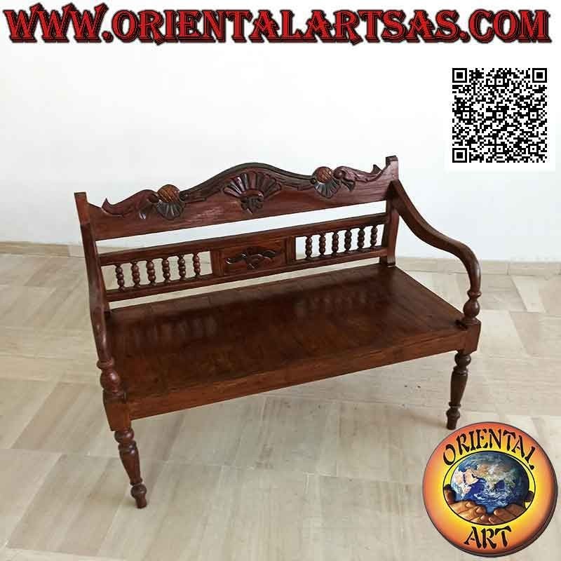 Two-seater bench with column back and hand-carved crown in antique teak wood