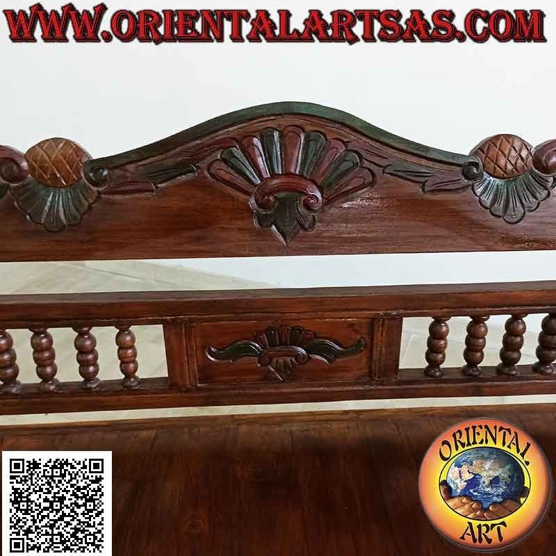 Banco de dos plazas con respaldo de columna y corona tallada a mano en madera de teca antigua