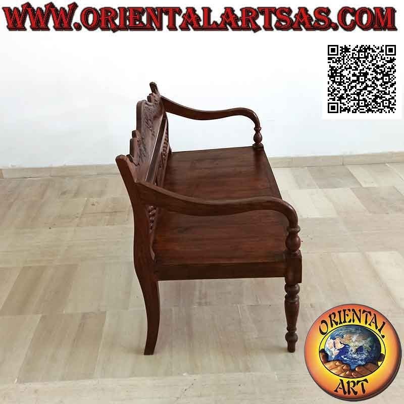 Banc à deux places avec dossier à colonne et couronne sculptée à la main en bois de teck antique