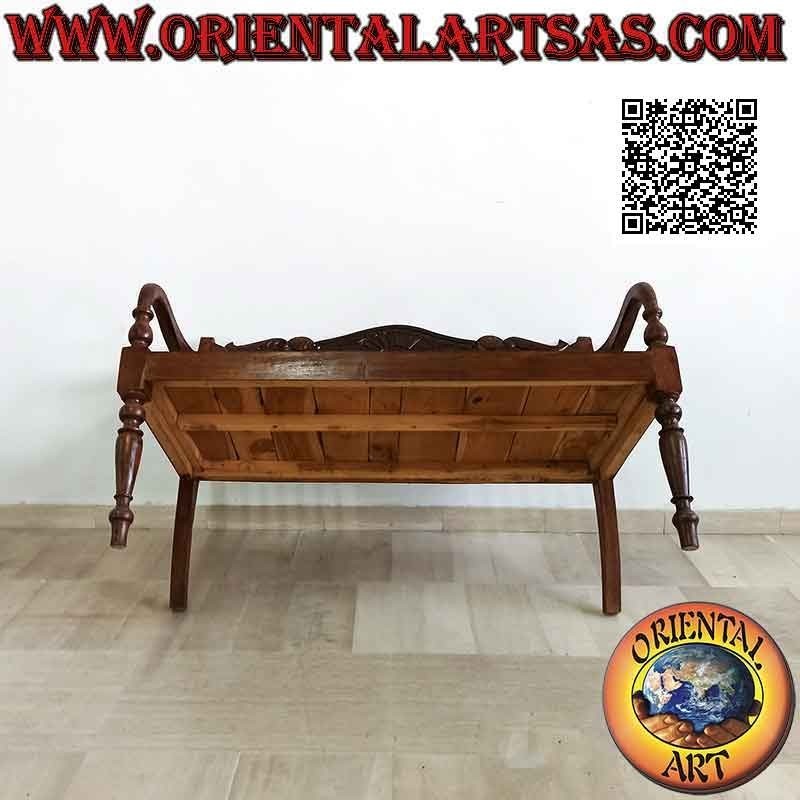 Banc à deux places avec dossier à colonne et couronne sculptée à la main en bois de teck antique