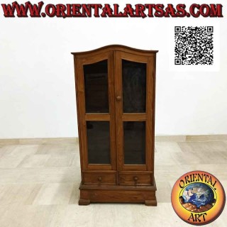 Vetrinetta a doppia anta e due ripiani con cappello curvo in legno antico di teak
