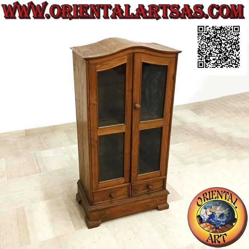 Vitrine à double porte et deux étagères avec dessus incurvé en bois de teck antique