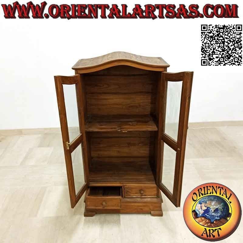Double door display cabinet and two shelves with curved top in antique teak wood
