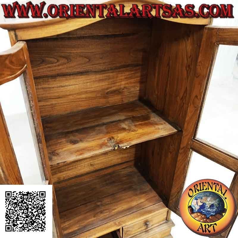 Vetrinetta a doppia anta e due ripiani con cappello curvo in legno antico di teak