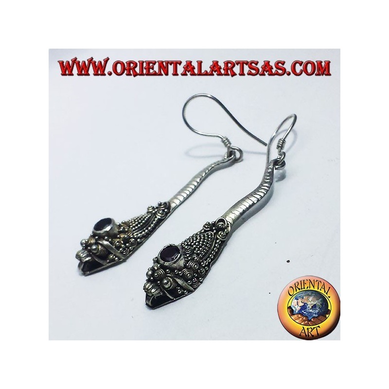 Silver earrings handmade cobra with garnet