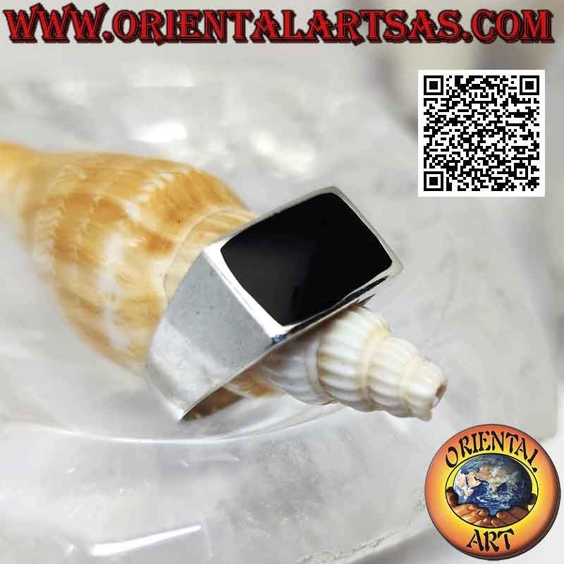 Glatter Silberring mit horizontalem rechteckigem Onyx bündig mit Rand 12x8 mm