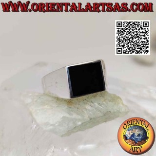 Anillo de plata lisa con ónix rectangular horizontal a ras de canto 12x10 mm