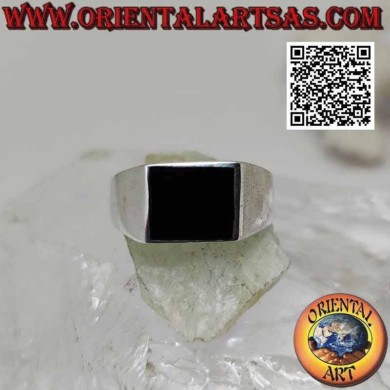 Bague en argent lisse avec onyx rectangulaire horizontal affleurant du bord 12x10 mm