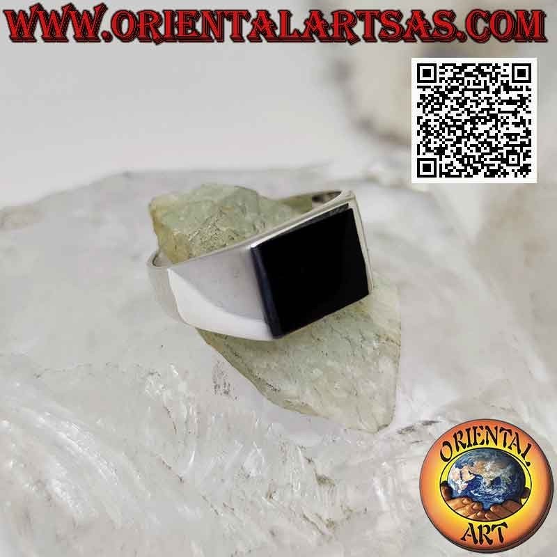 Anello in argento liscio con onice rettangolare orizzontale a filo bordo 12x10 mm