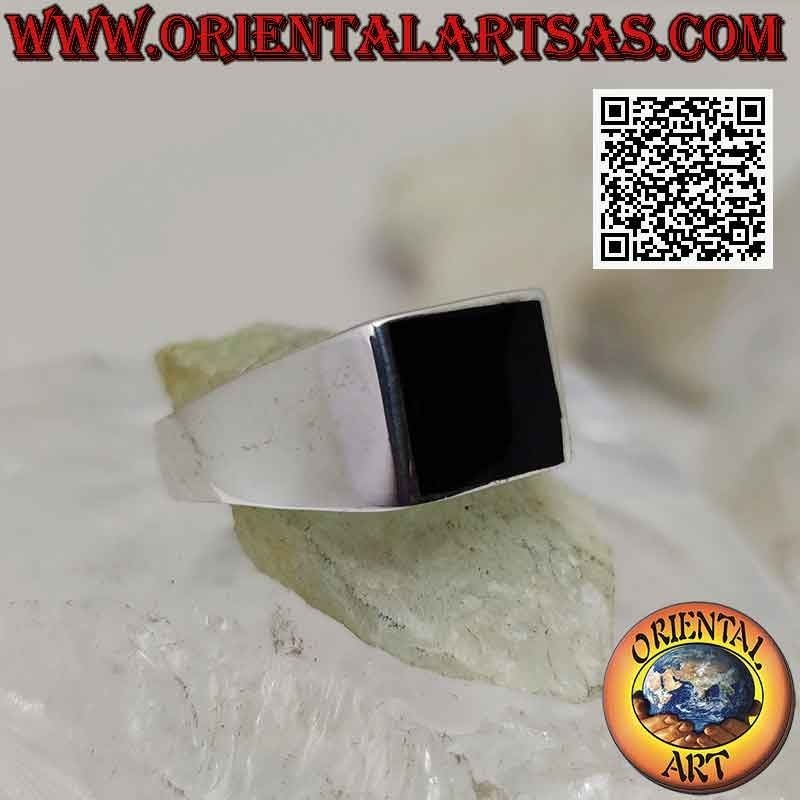 Anillo de plata lisa con ónix rectangular horizontal a ras de canto 12x10 mm