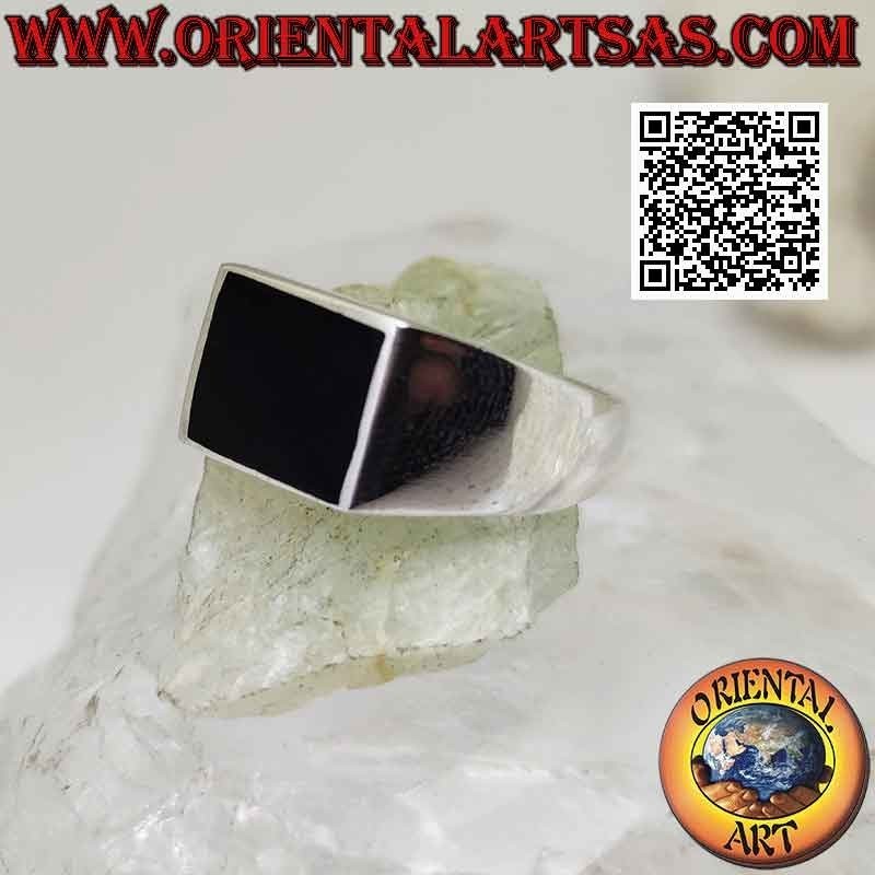 Anillo de plata lisa con ónix rectangular horizontal a ras de canto 12x10 mm