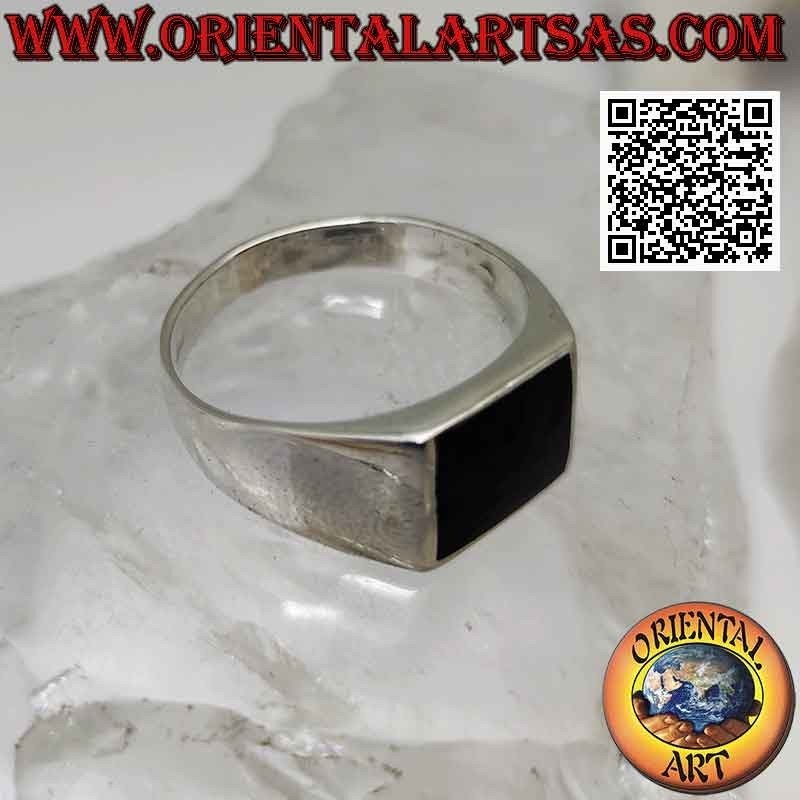 Anello in argento liscio con onice rettangolare orizzontale a filo bordo 12x10 mm
