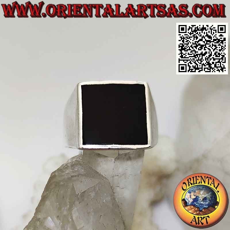 Bague en argent lisse avec bord affleurant en onyx carré 13x13 mm (fin)
